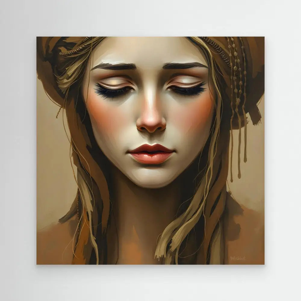 Digital art portrait featuring dramatic makeup with gold tones and a draped head covering.