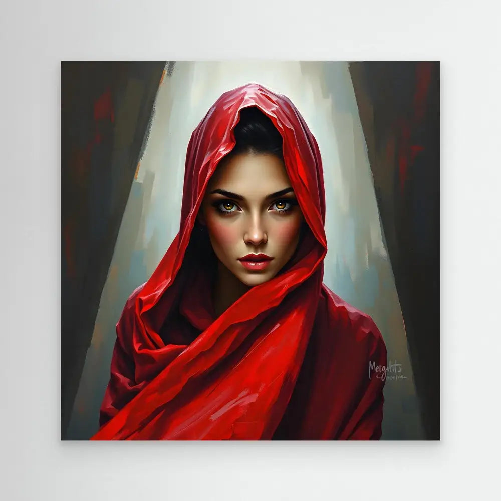 Digital art portrait of a figure wearing a vibrant red hooded cloak.