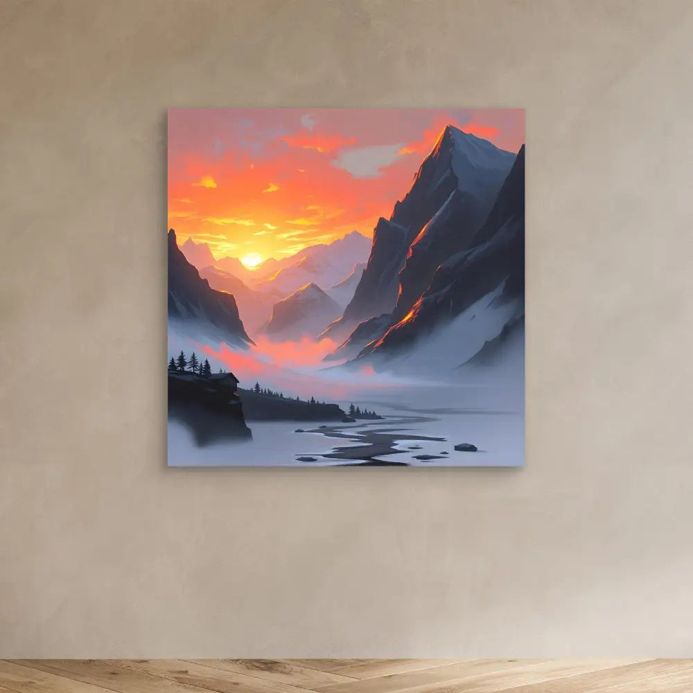 Digital artwork depicting a dramatic mountain landscape at sunset with misty valleys and flowing water.