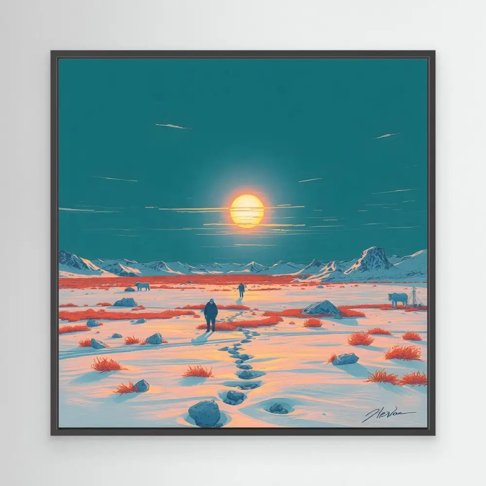 Digital artwork depicting explorers traversing a snowy landscape at sunset.