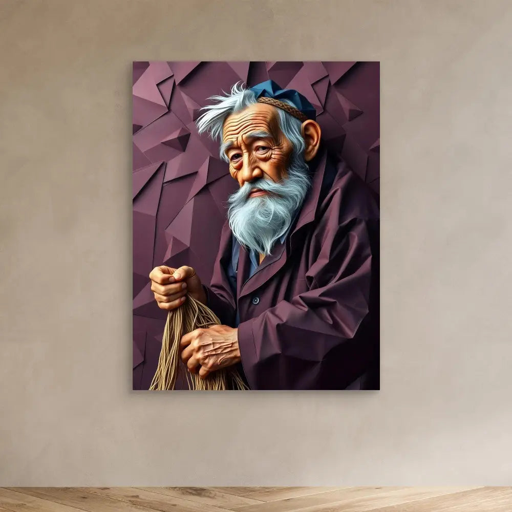 Digital artwork portrait of an elderly bearded man with white hair holding a walking stick.