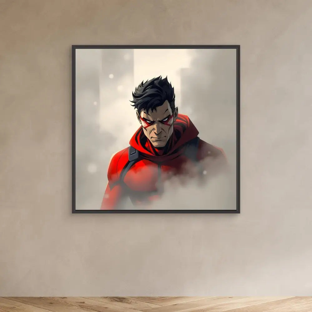 Digital artwork portrait of a brooding superhero character wearing a red hood.