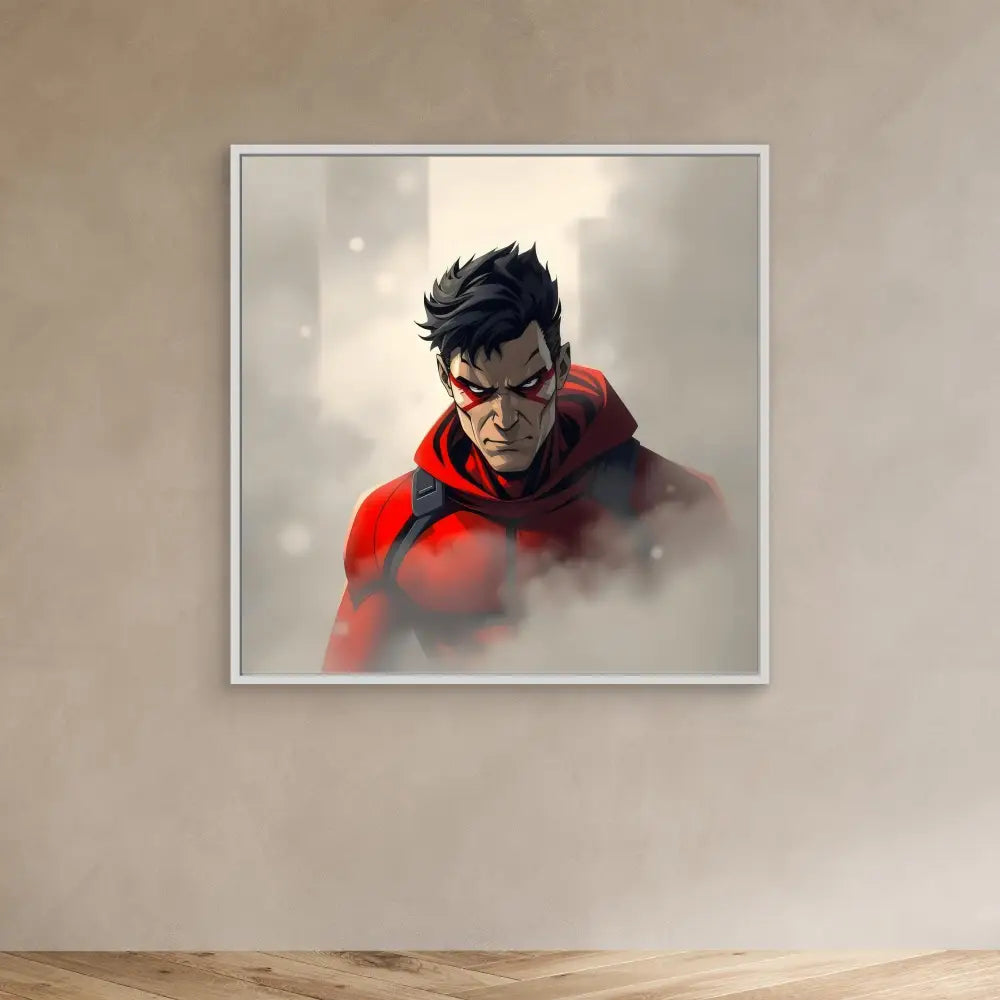 Digital artwork portrait of a brooding superhero in a red hoodie with dark spiky hair.