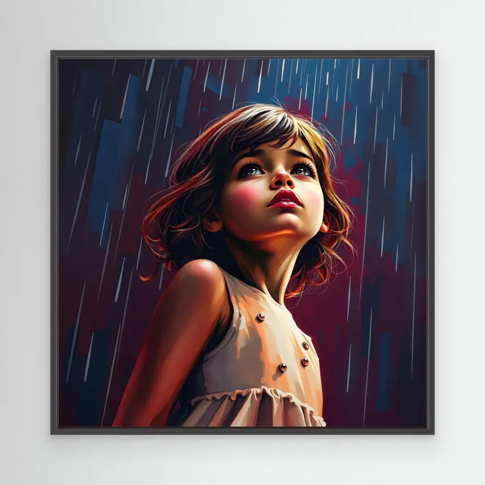 A digital artwork portrait of a young child looking upward in the rain.