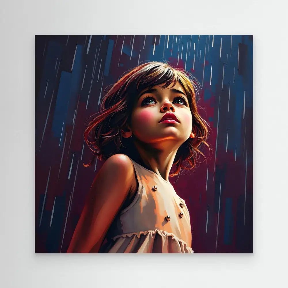 A digital artwork portrait of a young child looking upward in the rain.