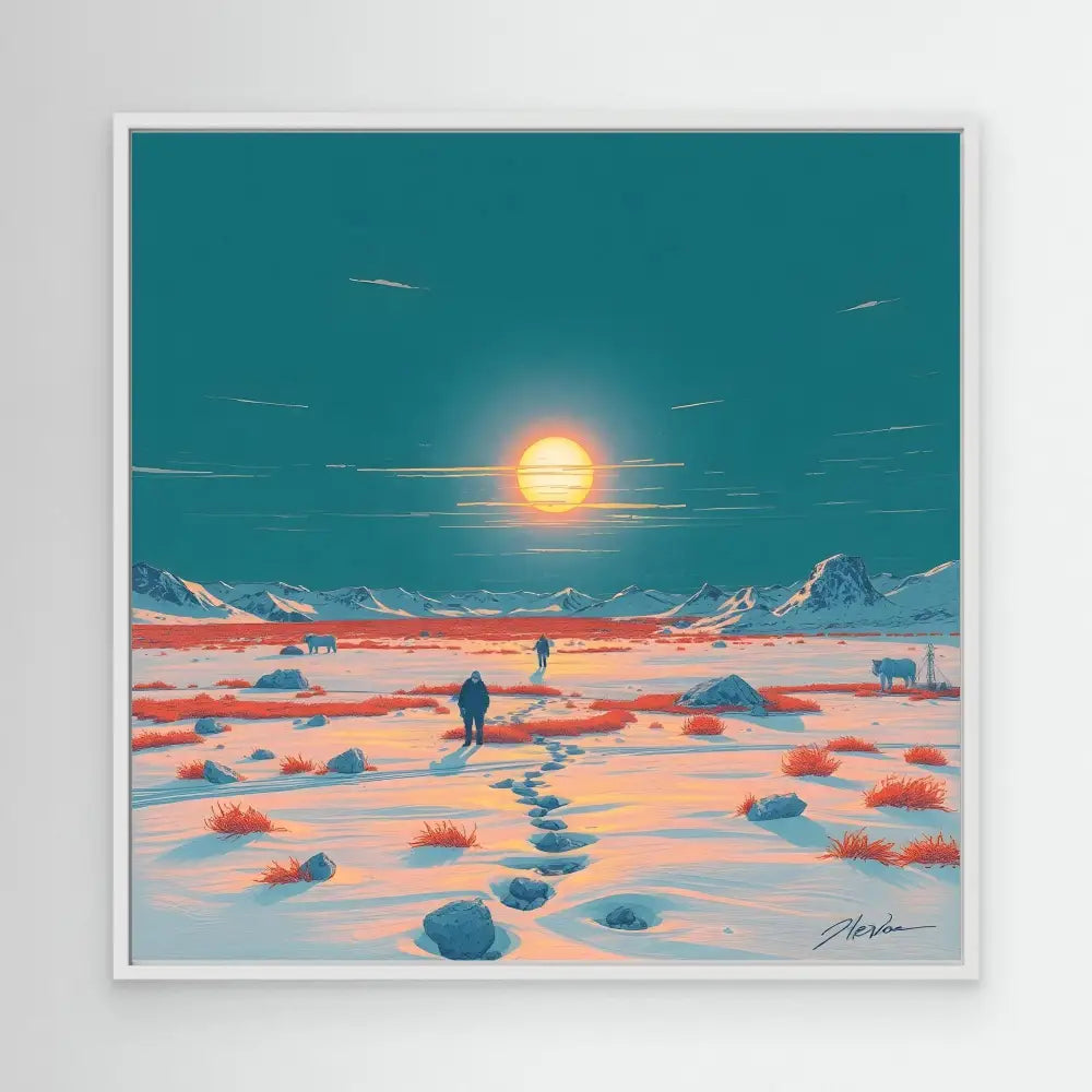 A digital artwork depicting silhouetted figures walking across a snowy landscape at sunset.