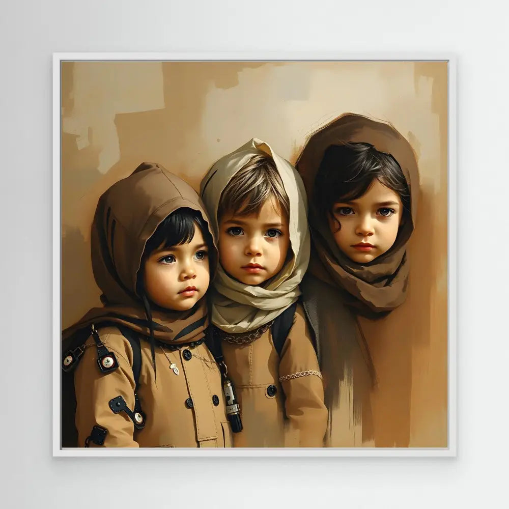 Digital artwork depicting three children wearing hooded winter coats and scarves in muted brown tones.