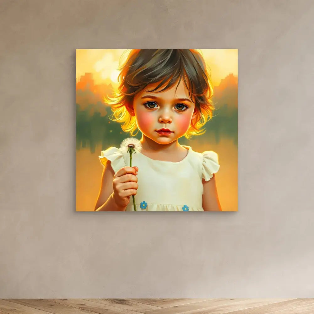 Digital artwork of a young child holding a dandelion while wearing a white dress.