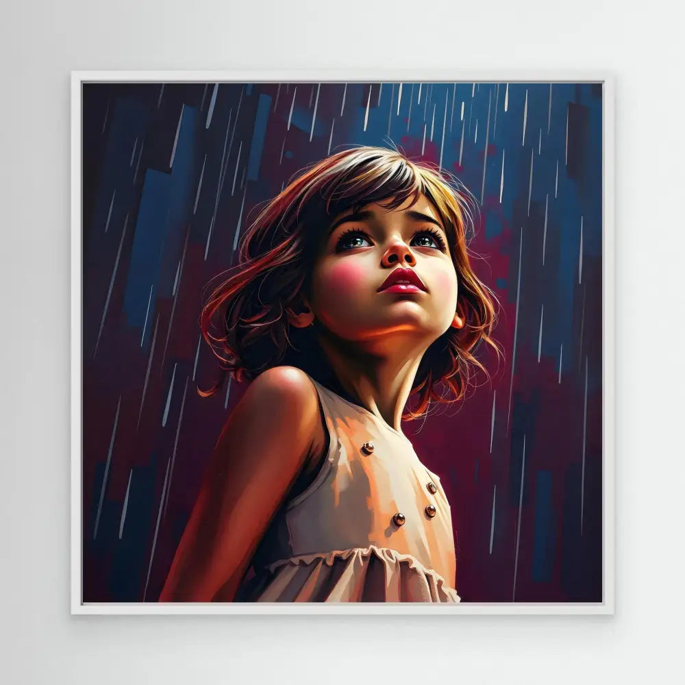 Digital artwork of a young child looking upward in the rain while wearing a light-colored dress.