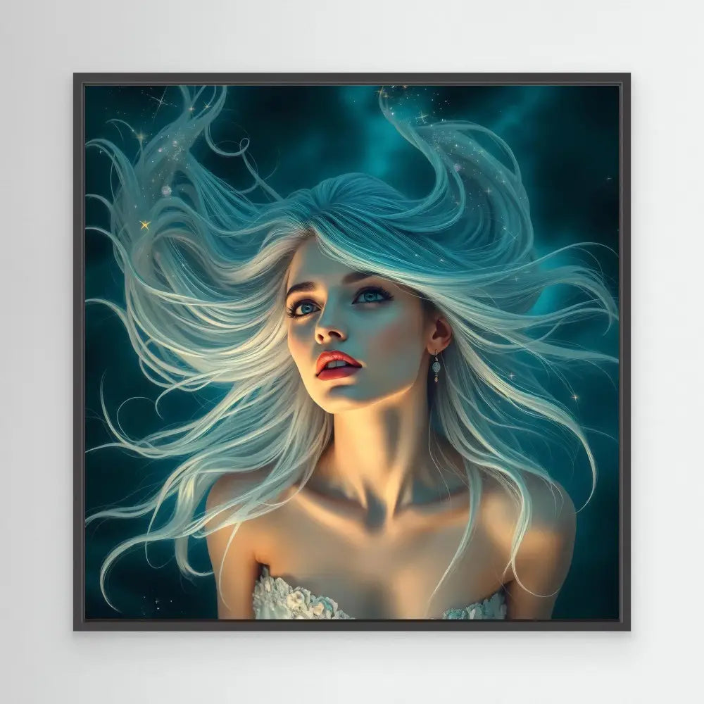 Digital fantasy artwork of a woman with flowing turquoise and white hair.