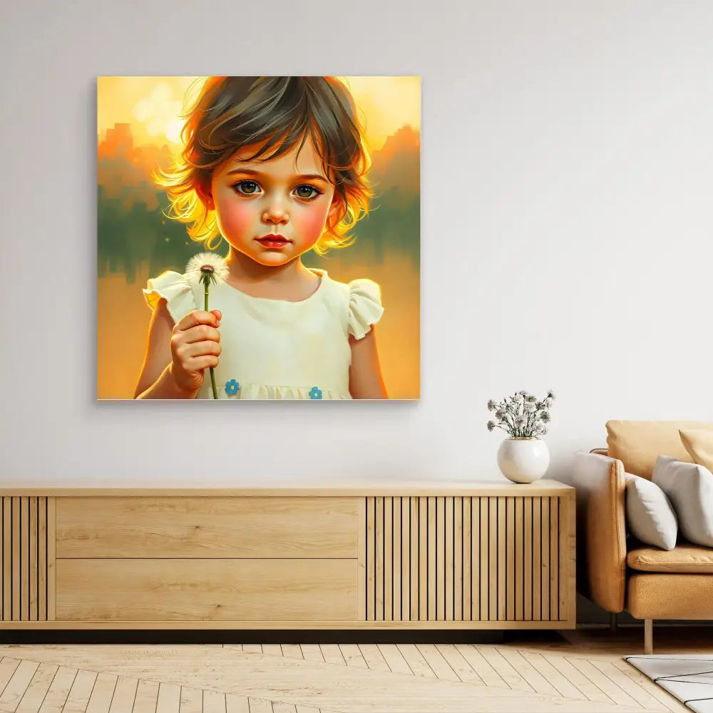 A digital painting of a child holding a dandelion while wearing a white dress with ruffled sleeves.