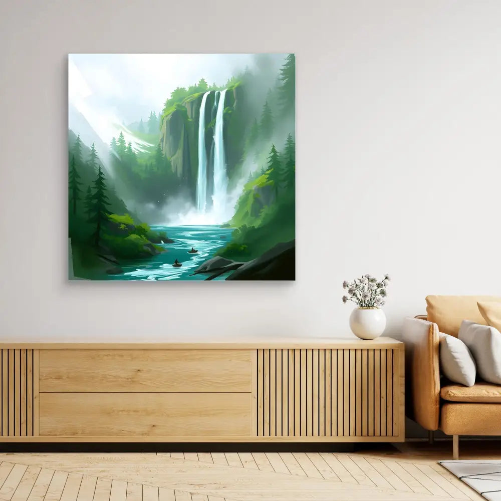 Digital painting of a misty waterfall cascading into a turquoise river surrounded by green cliffs.