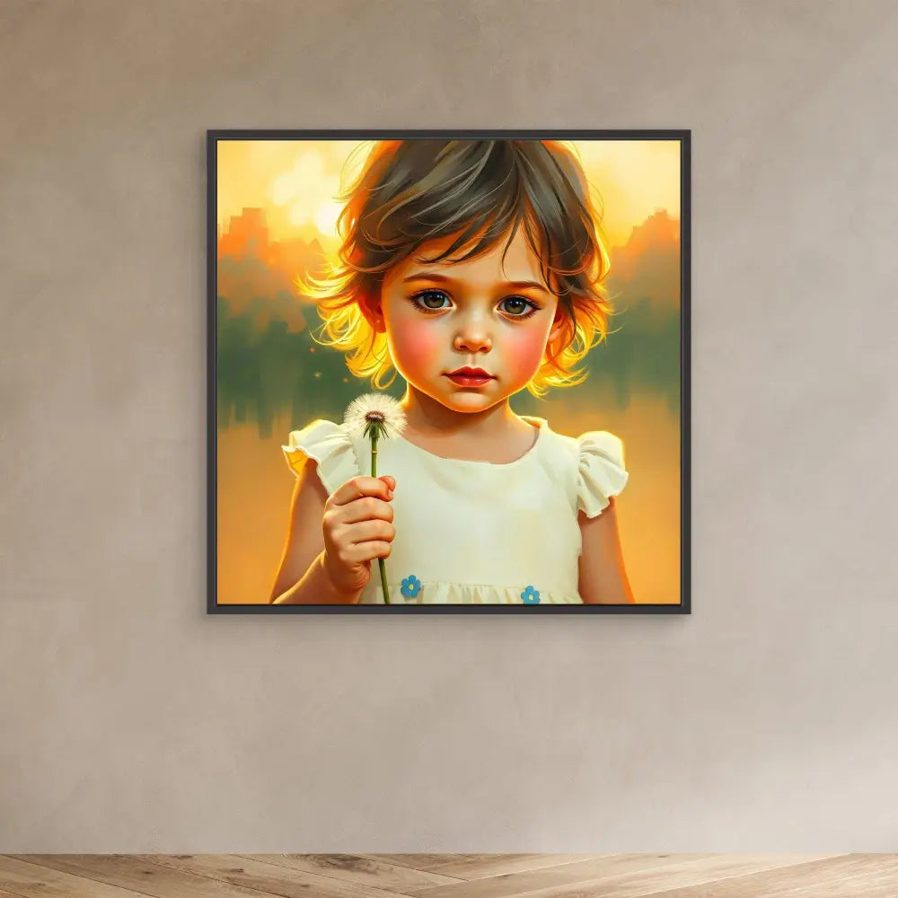 A digital painting of a young child holding a dandelion while wearing a white dress.