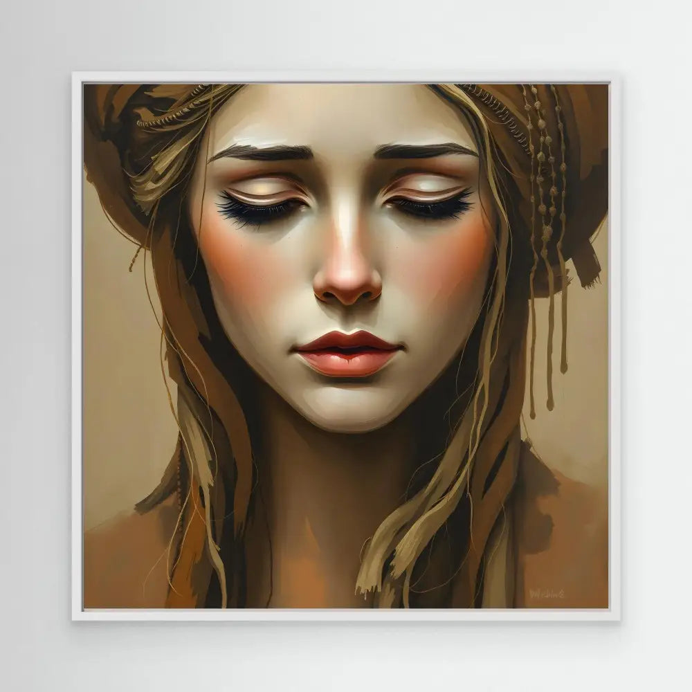 Digital portrait painting featuring dramatic makeup and a draped head covering in earth tones.