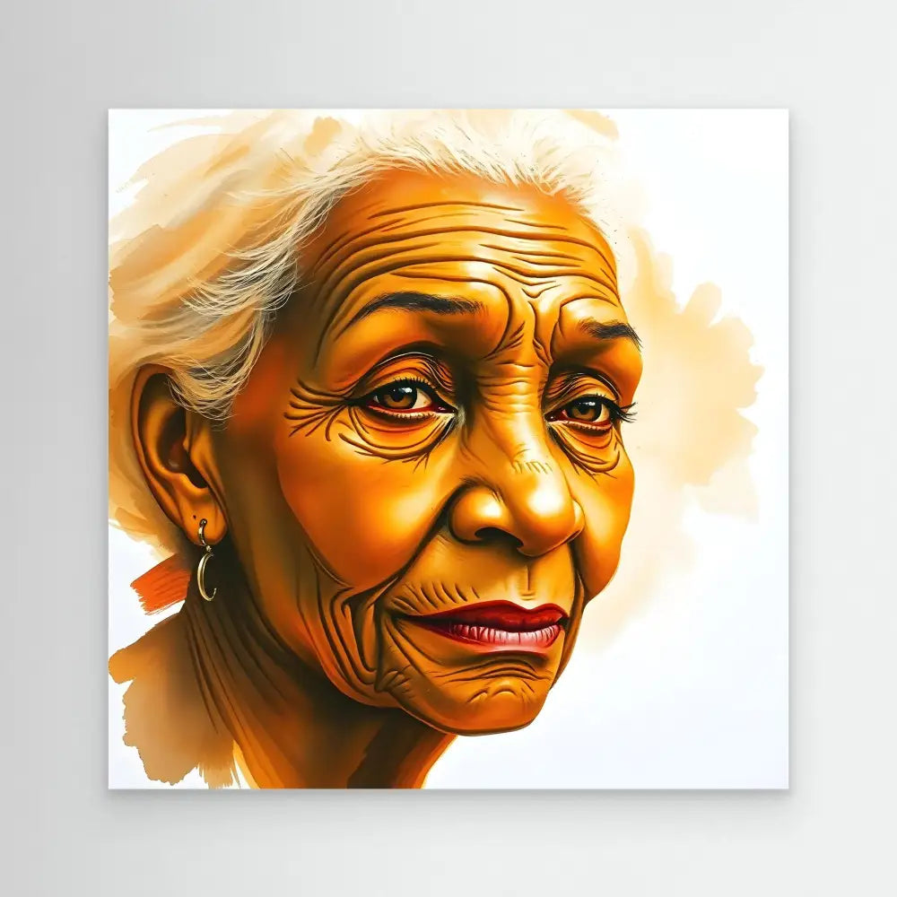 Digital portrait painting of an elderly woman with warm orange-gold tones and expressive facial features.