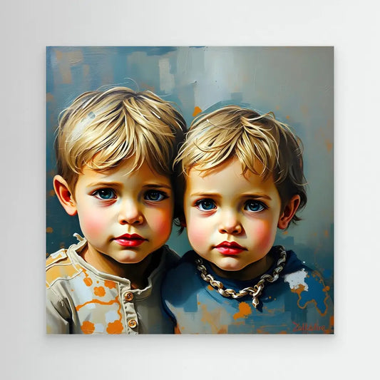 A digital portrait painting of two young children with blonde hair and blue eyes.