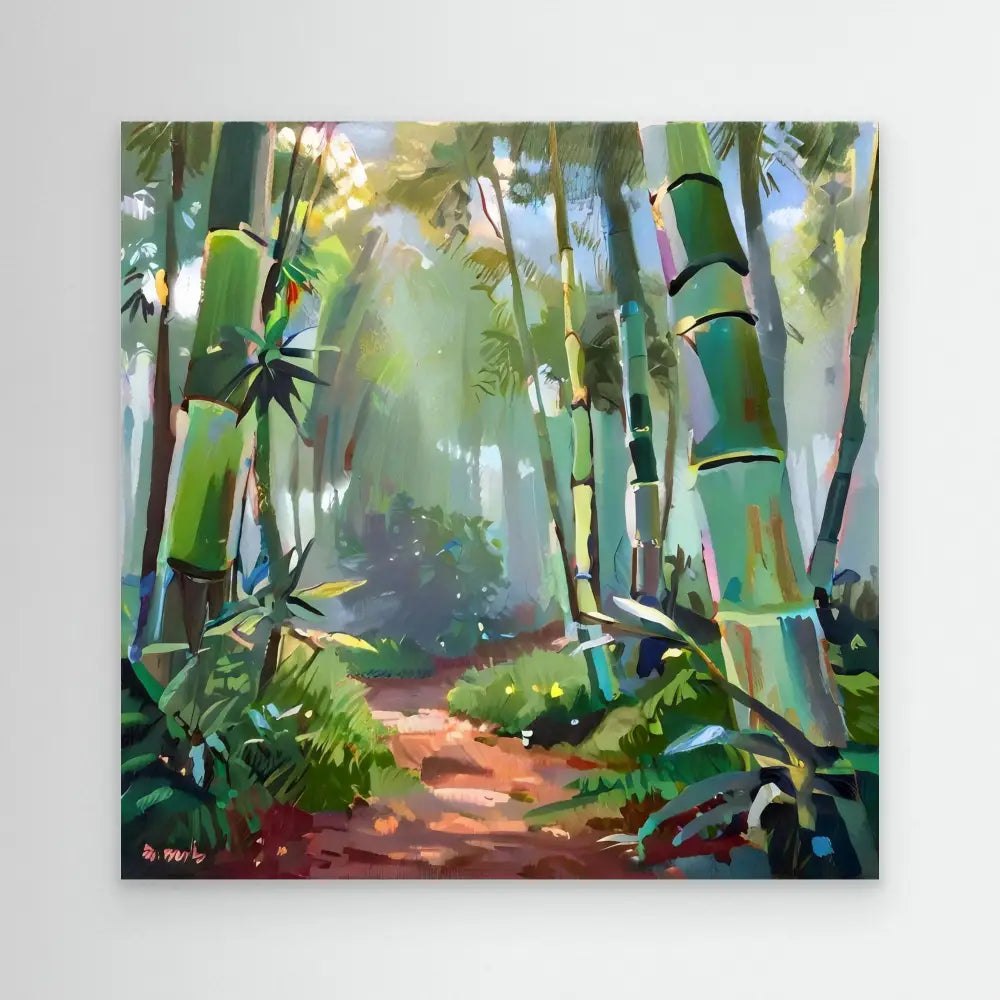 A winding dirt path through a bamboo forest.