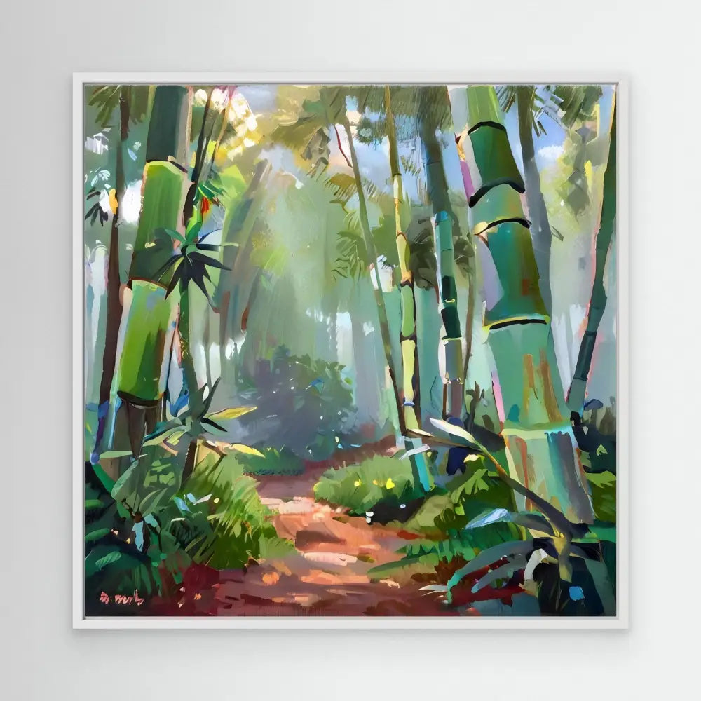 A winding dirt path through a bamboo forest.