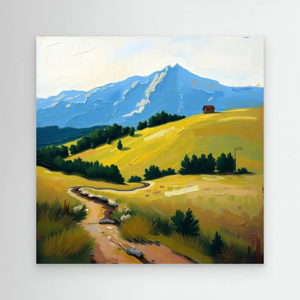 A winding dirt path leads through golden hillsides toward a distant mountain peak.