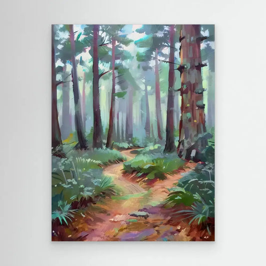 A winding dirt path through a misty forest.