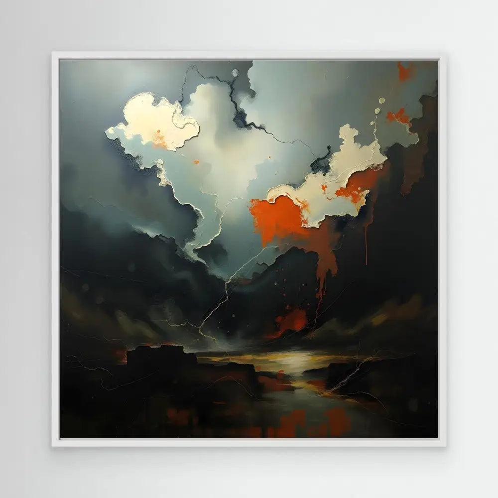 Dramatic abstract landscape painting featuring dark storm clouds with orange and golden light breaking through.