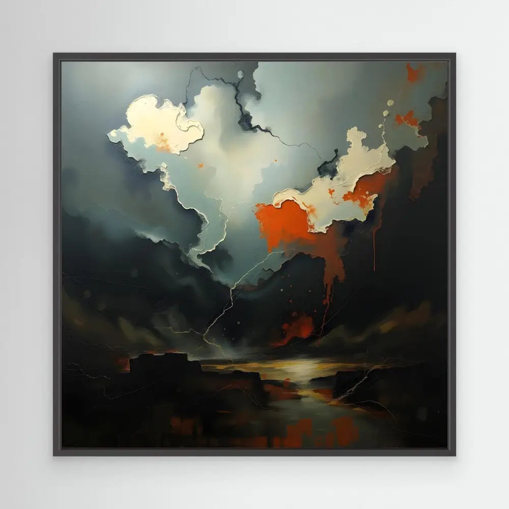 Dramatic abstract landscape painting featuring stormy clouds with orange and dark tones.