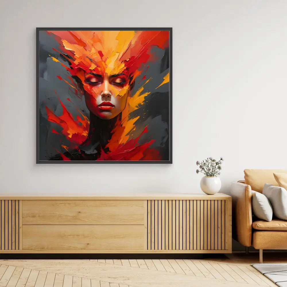 Dramatic abstract portrait painting in fiery red, orange and black tones.