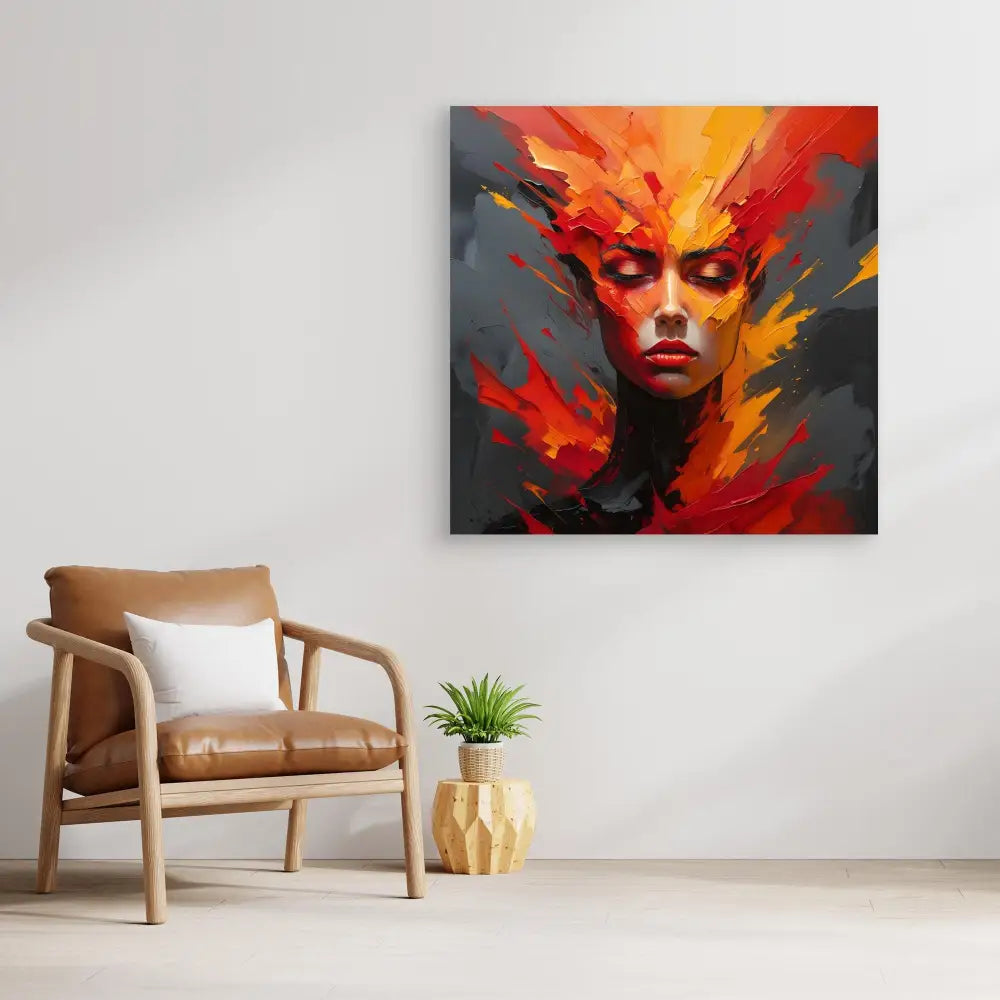 Dramatic abstract portrait painting with fiery red and orange tones against a dark background.