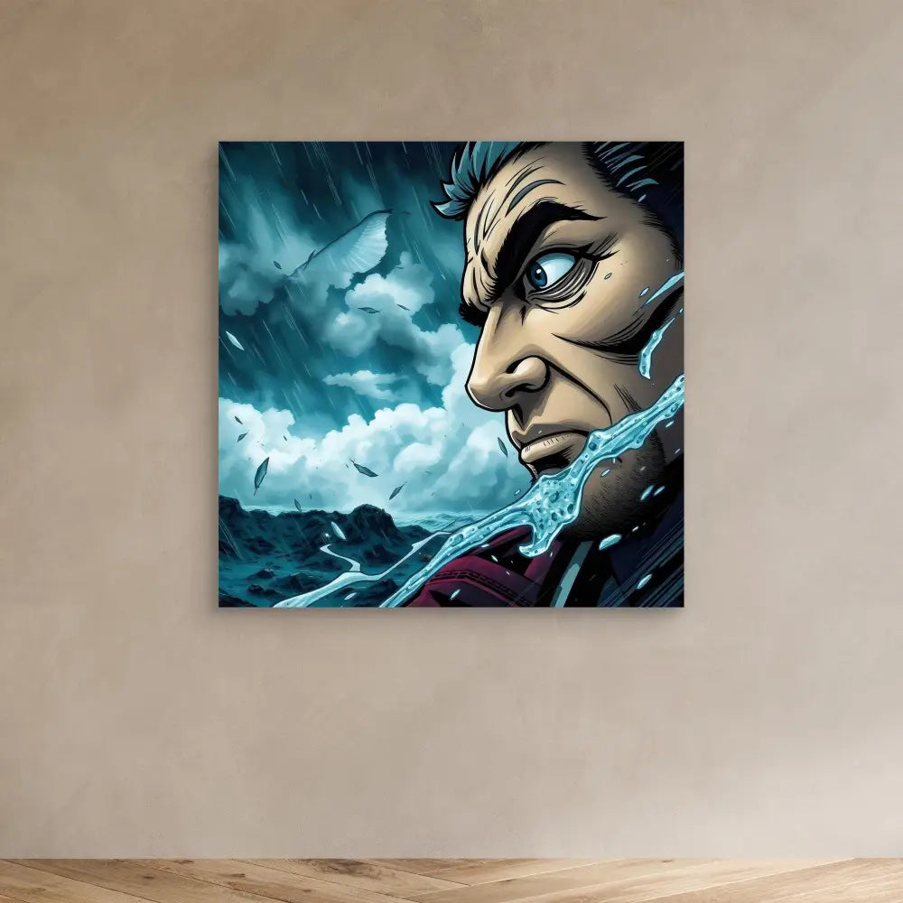 Dramatic anime-style artwork of a stern character with piercing blue eyes against stormy elements.