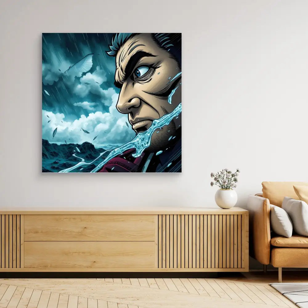 A dramatic anime-style artwork featuring a stern profile against stormy waves and clouds.