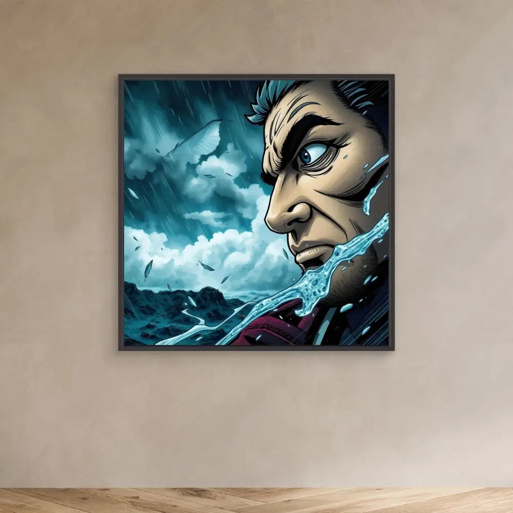 Dramatic anime-style portrait of a stern character with sharp features against stormy elements.