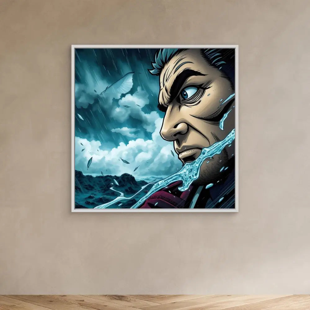 Dramatic artwork of a stern-looking character with piercing blue eyes against stormy elements.