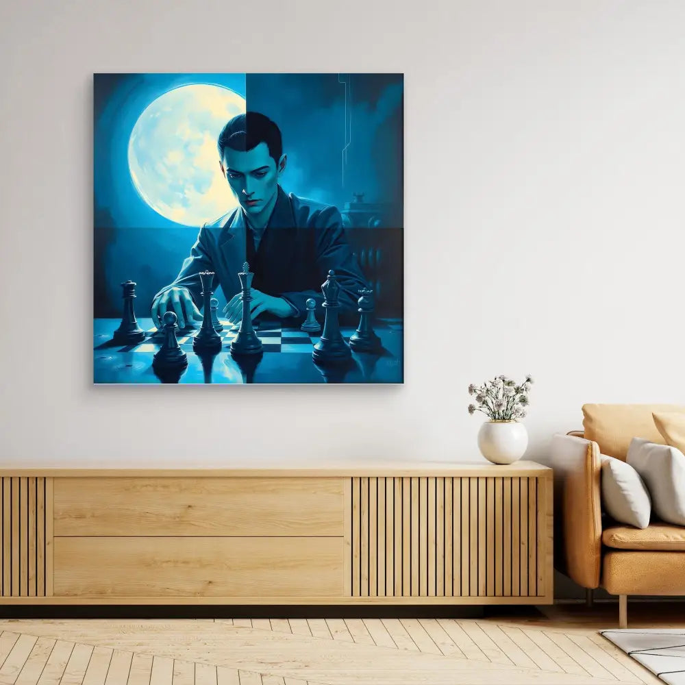 A dramatic artwork showing a chess player contemplating moves under a full moon.