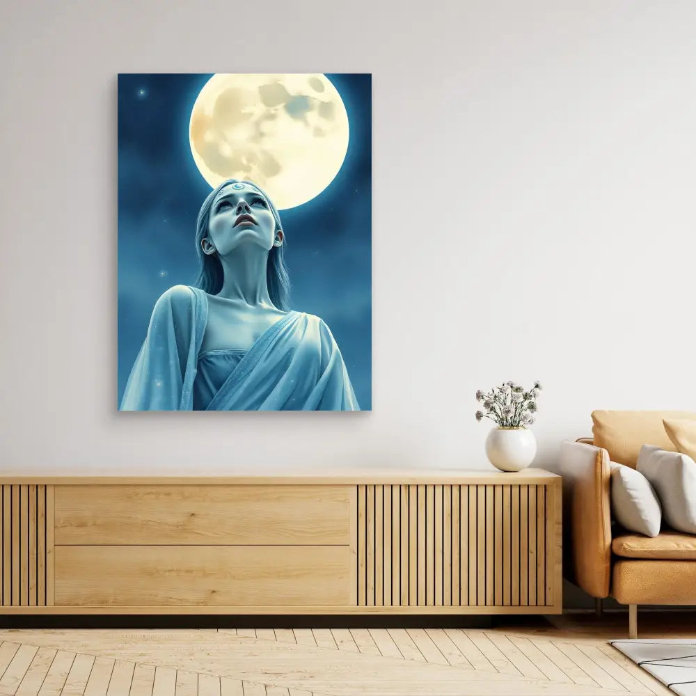 A dramatic artwork depicting a figure in flowing robes gazing upward at a full moon.