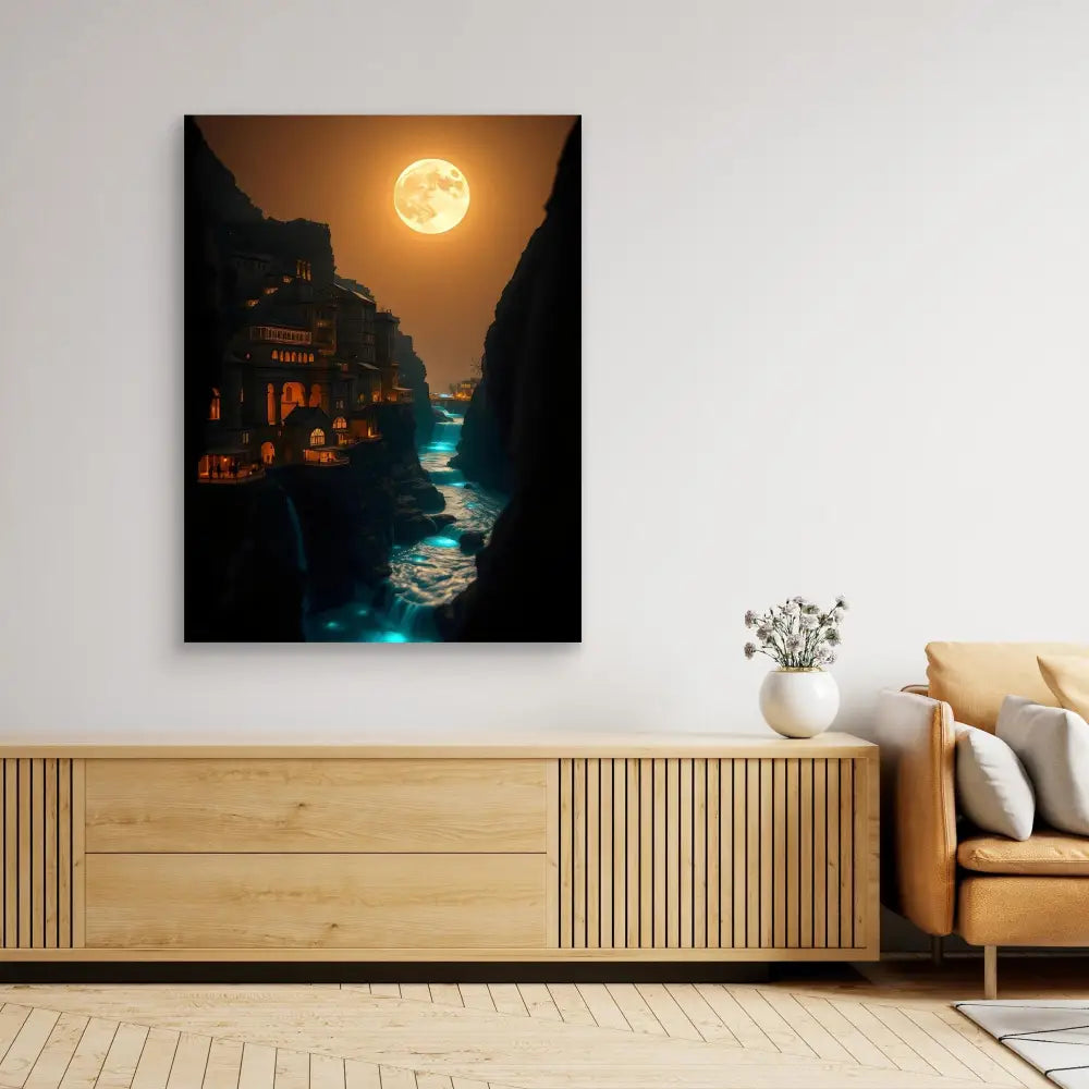 A dramatic artwork depicting a moonlit canal between buildings with glowing blue water reflections.