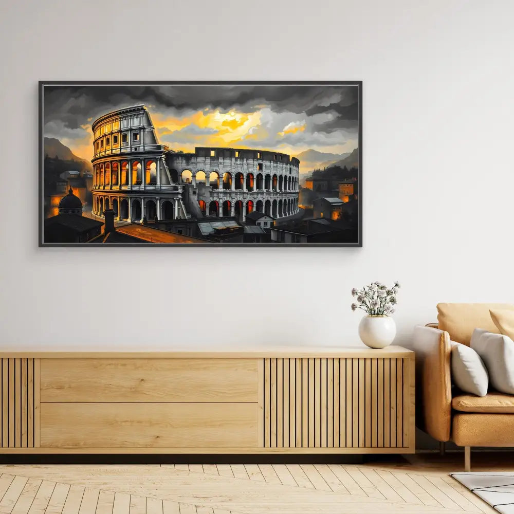 Dramatic artwork of the Roman Colosseum illuminated against stormy skies at sunset.