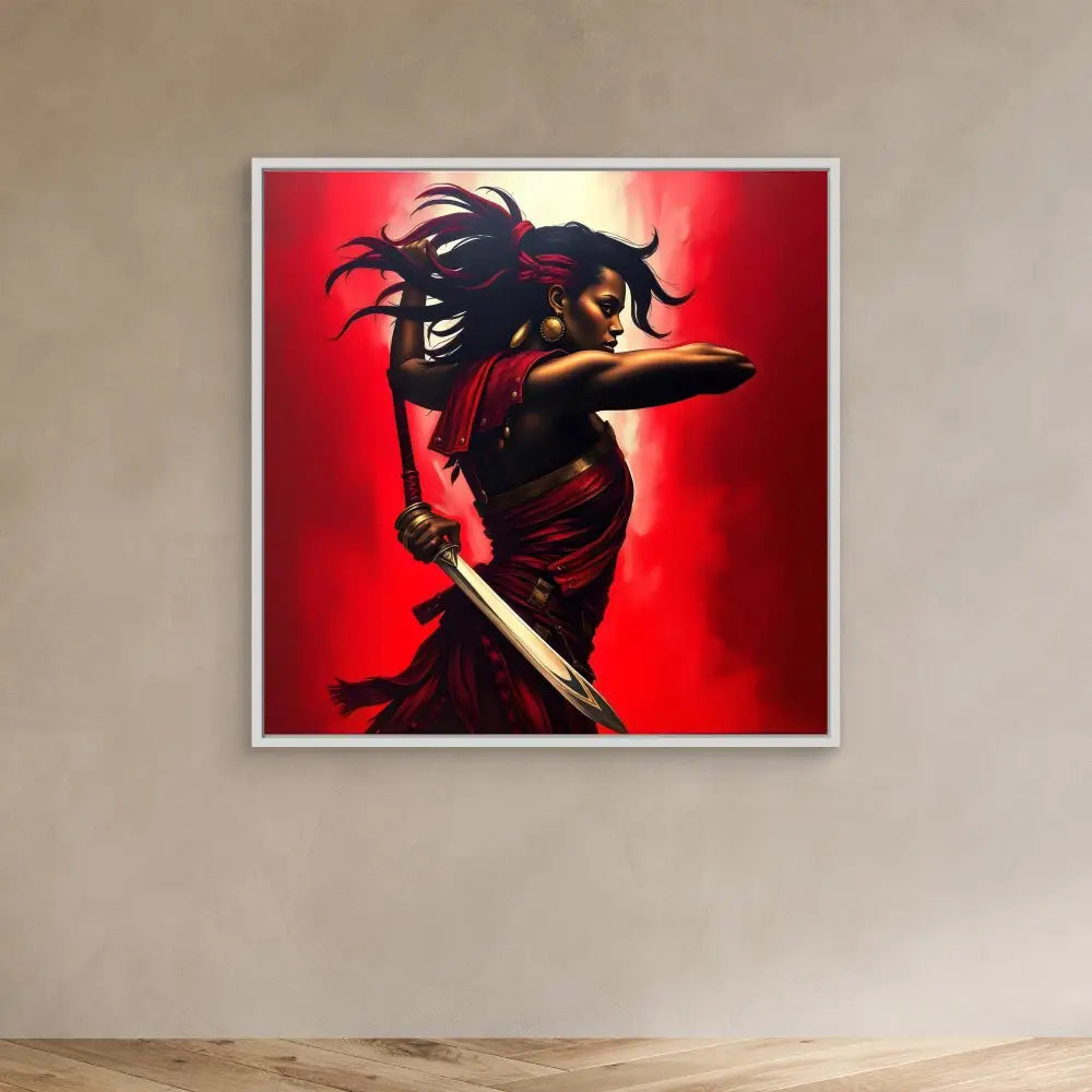 Dramatic artwork of a samurai warrior with flowing black hair against a red backdrop.