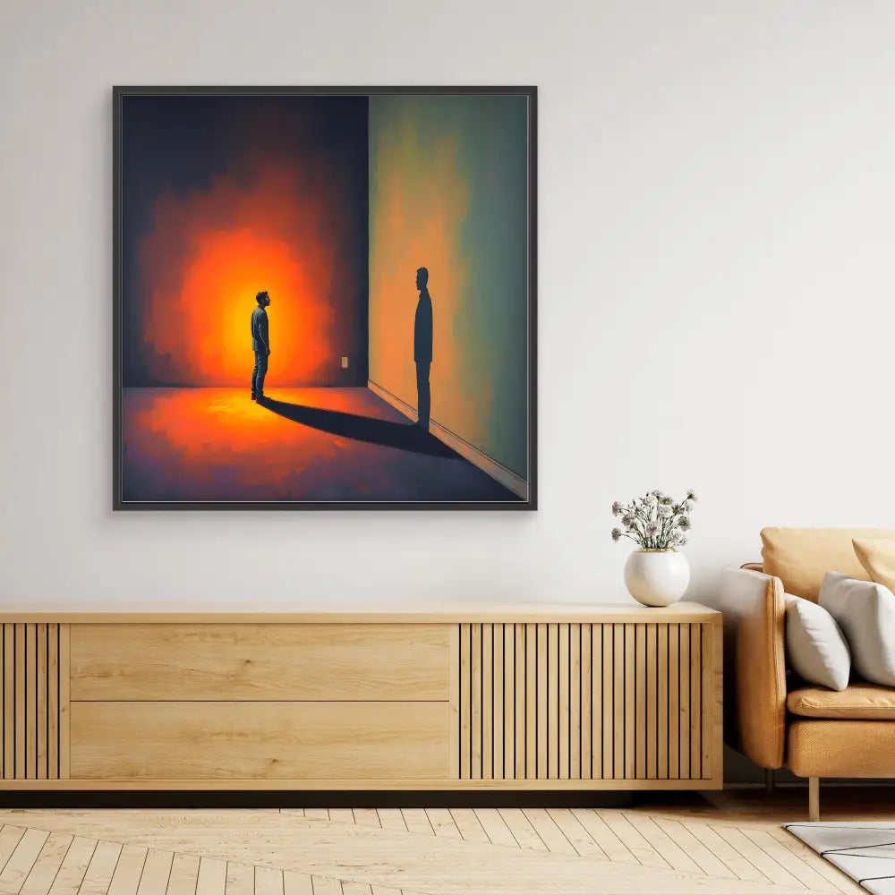 A dramatic artwork depicting two silhouetted figures separated by contrasting orange and teal lighting.