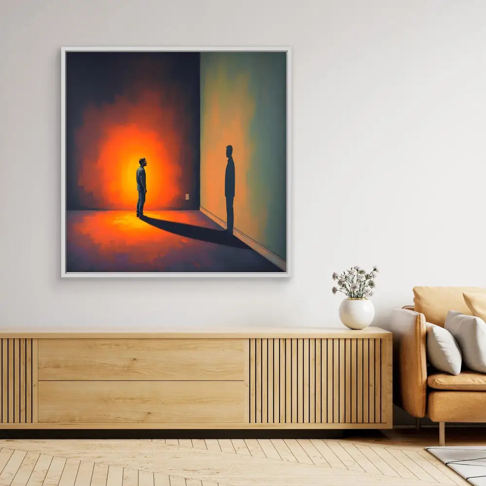 A dramatic artwork depicting two silhouetted figures facing each other with a glowing orange light between them.