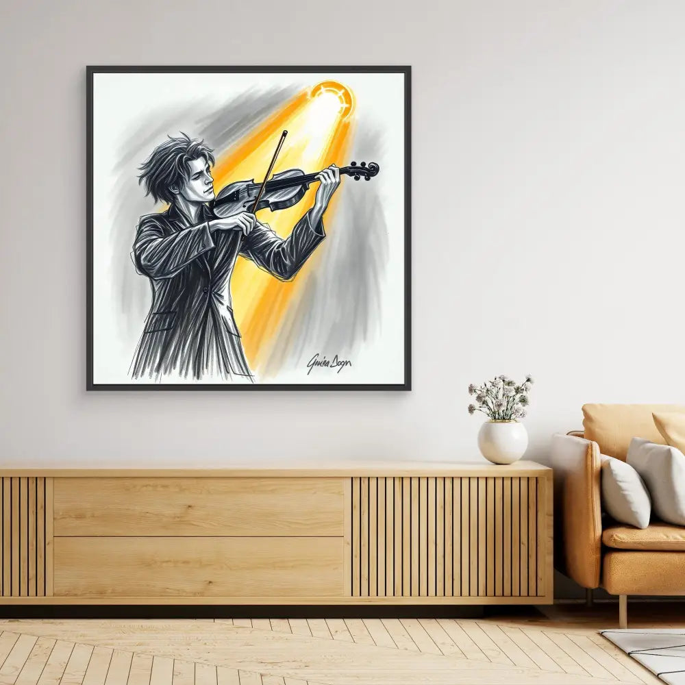 Dramatic artwork of a violinist performing in a black suit against a glowing yellow light.