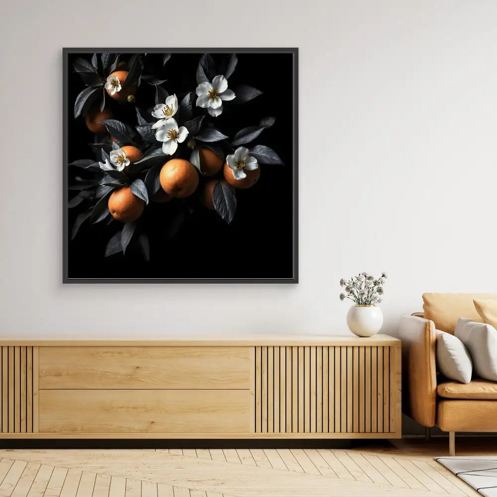 A dramatic black-framed artwork featuring oranges and white blossoms against a dark background.