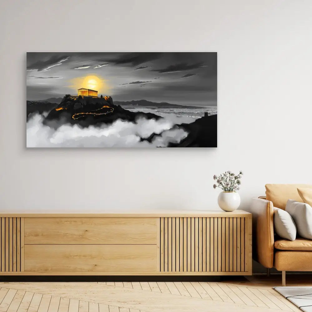 A dramatic black and white canvas print featuring a mountaintop castle illuminated by a golden moon.