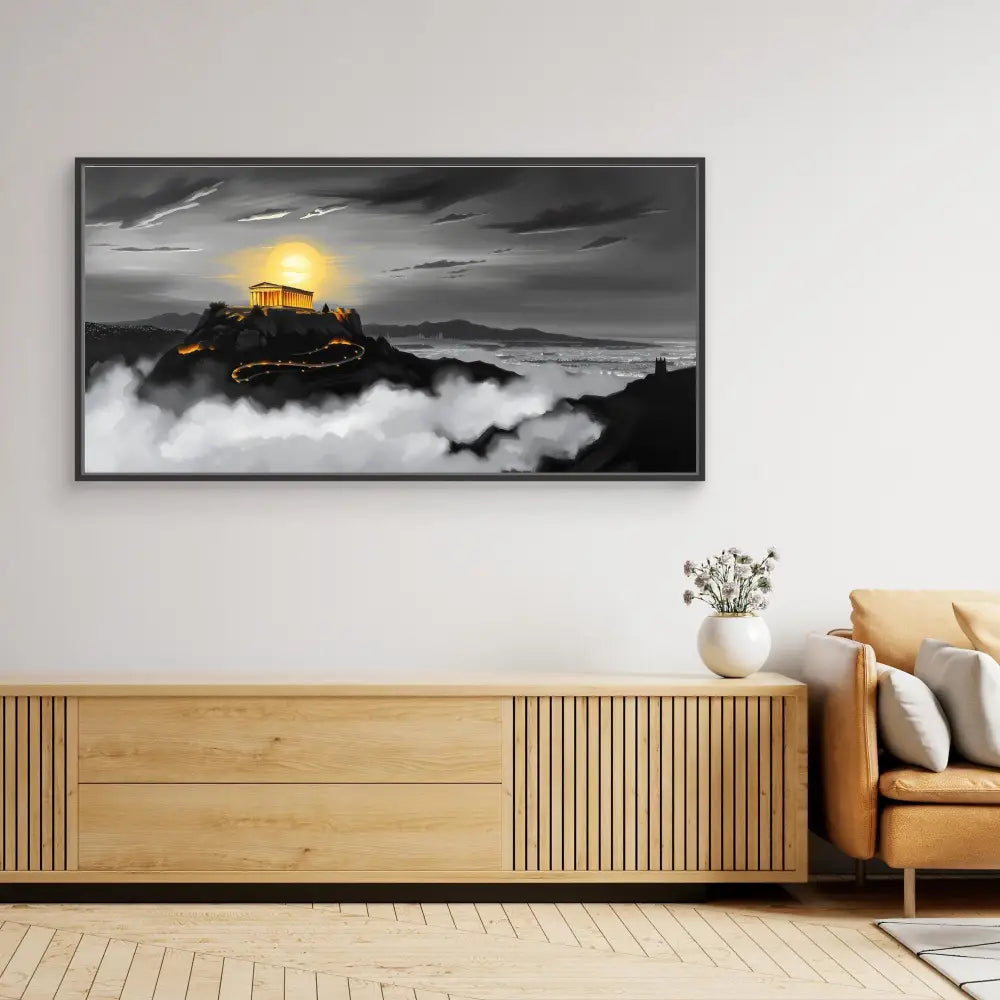 A dramatic black and white photograph with a glowing golden moon behind a mountaintop castle shrouded in clouds.