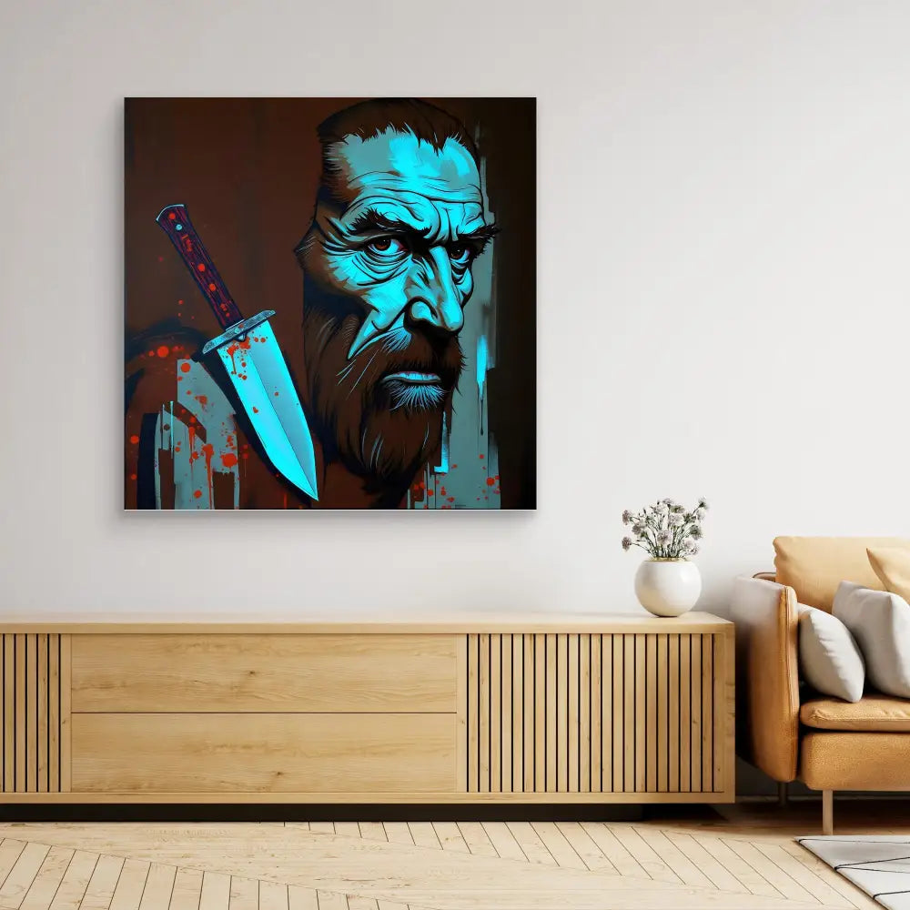 Dramatic blue-tinted portrait artwork with a knife motif mounted on a wall.