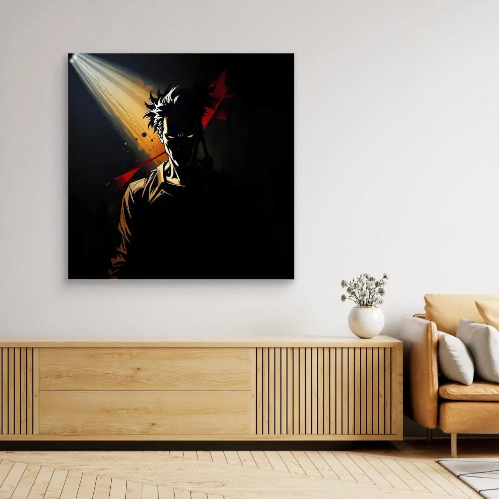 A dramatic canvas artwork featuring a performer in a spotlight against a dark background.