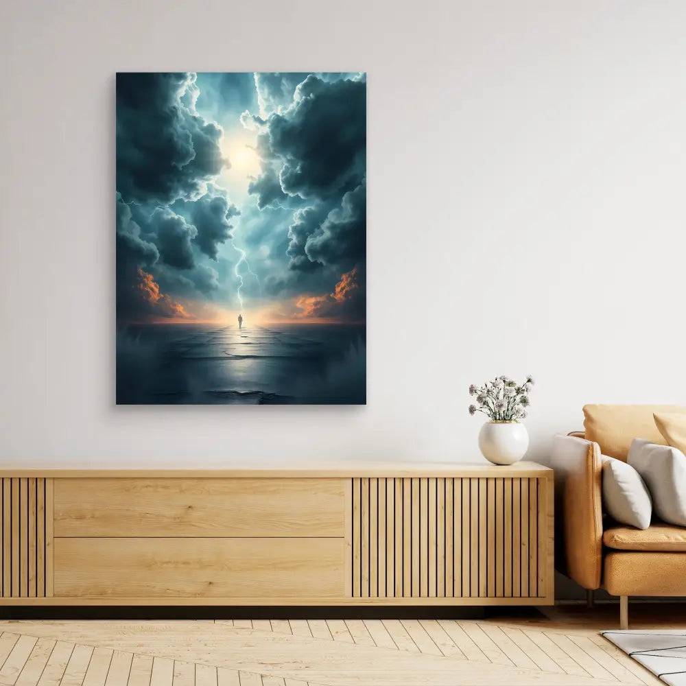 Dramatic canvas artwork depicting a silhouetted figure beneath stormy clouds with rays of light breaking through.