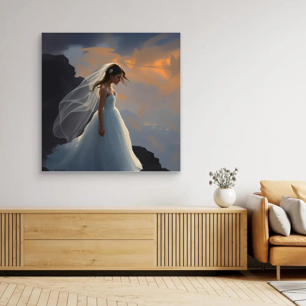 A dramatic canvas print of a bride in a flowing white gown with billowing veil against a sunset sky.