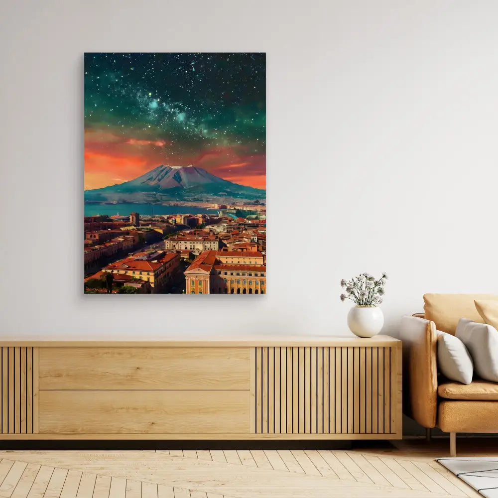 A dramatic canvas print of Mount Etna with a starry sky above an Italian cityscape.