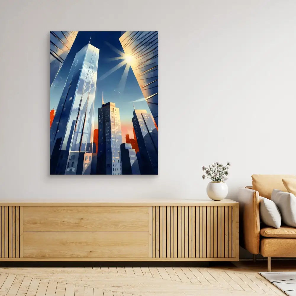 A dramatic cityscape painting featuring glass skyscrapers against a sunlit sky.