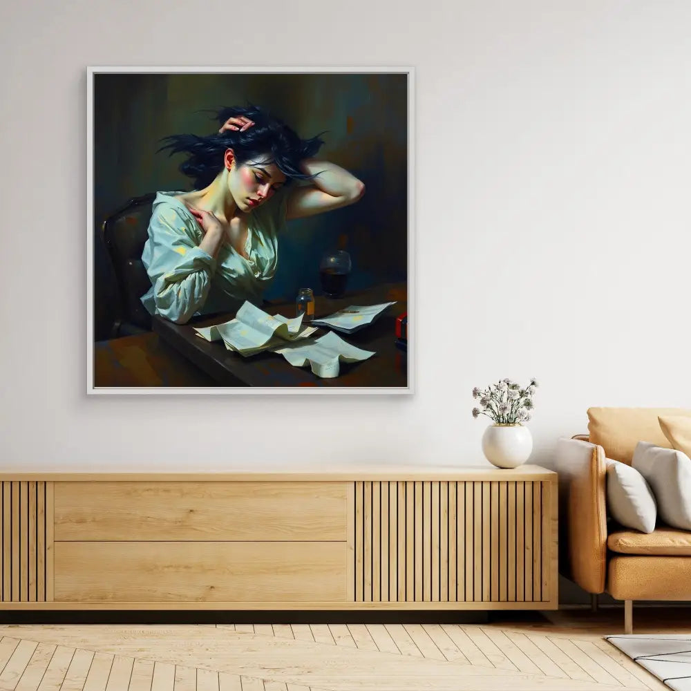 A dramatic classical-style painting mounted on a wall, depicting someone reading by candlelight while wearing a cap.